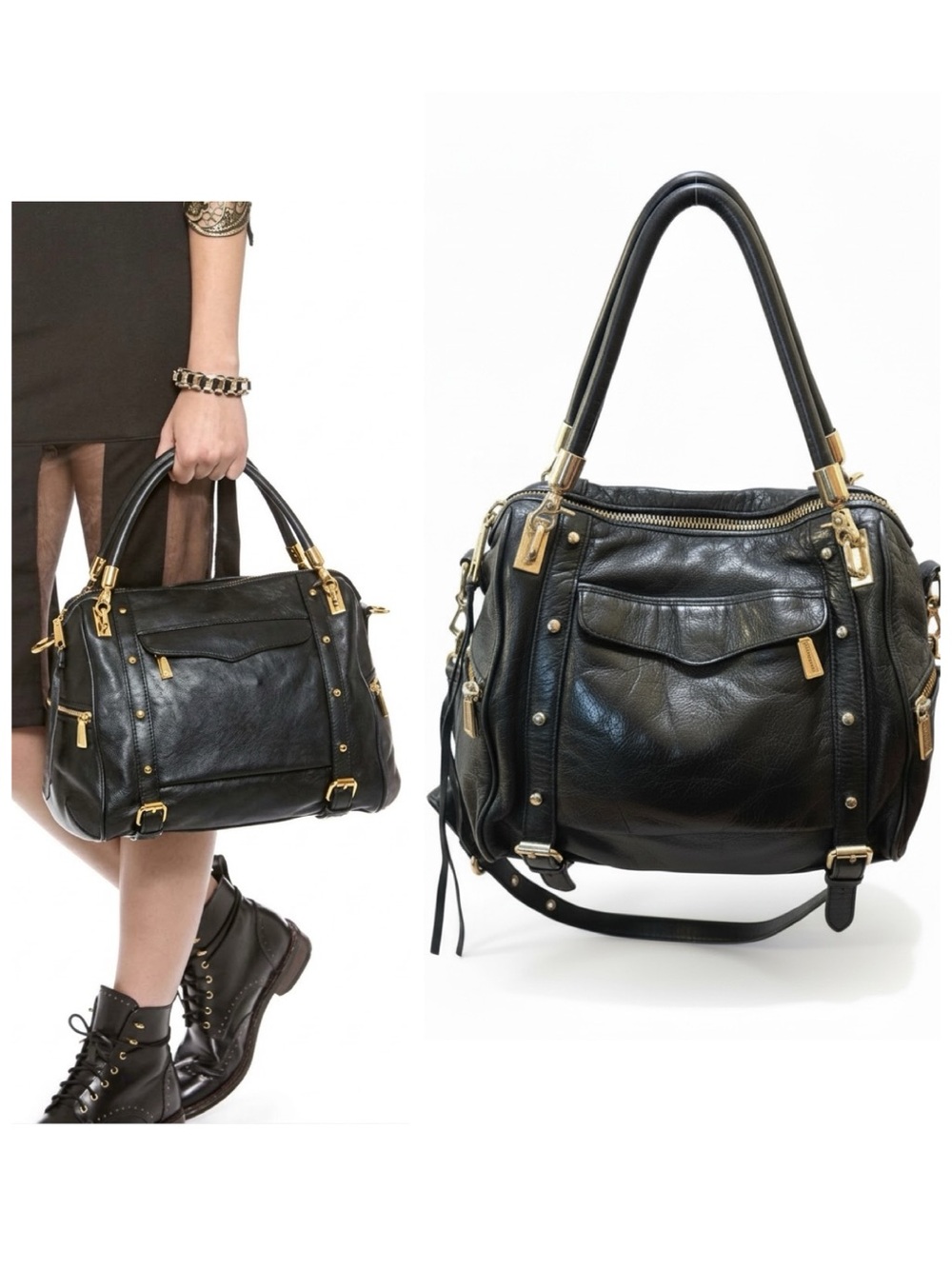 Rebecca Minkoff Leather Cupid Studded Satchel Shoulder Crossbody Bag Black Gold